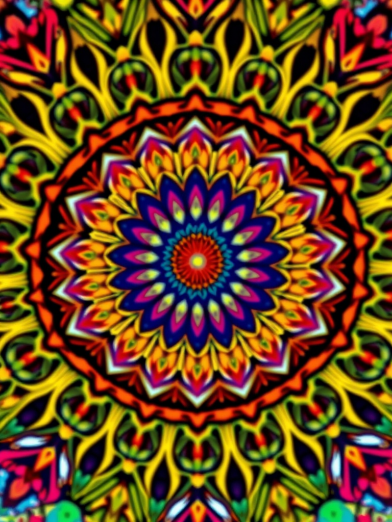 Create an intricate mandala design with vibrant colors and detailed patterns, shot from a top-down view using a full-frame DSLR camera, aperture set at f/2.8 for a shallow depth of field, ISO 100 for optimal clarity, and a shutter speed of 1/60s to capture fine details.