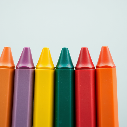 Create a high-resolution image of six colorful crayons arranged in a row, using a DSLR camera with a 50mm lens, f/2.8 aperture, ISO 100, and natural lighting to enhance vibrancy and clarity.