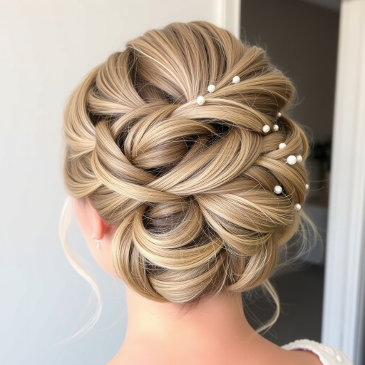 Elegant ash blonde updo known as "Moonlit Sonata" features a complex system of twists and knots, accented with delicate pearl pins and wispy, face-framing tendrils