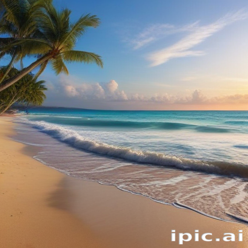 A Serene Tropical Beach Scene with Palm Trees and Gentle Waves.
