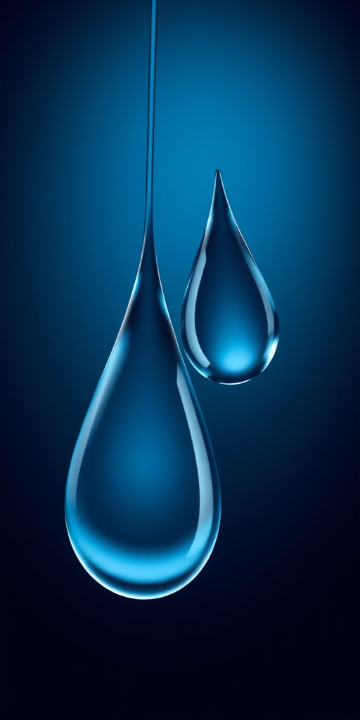 Create a high-resolution digital illustration of two stylized water droplets, using a Canon EOS 5D Mark IV with a 50mm lens at f/2.8, shot from a slight low angle to enhance depth, in soft, diffused lighting to showcase the smooth surface and subtle gradients of blue tones.