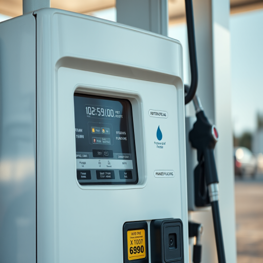Create a high-resolution image of a fuel pump with a clean design, using a Canon EOS 5D Mark IV at f/8, ISO 100, focusing on a medium shot with natural lighting for clarity and detail.