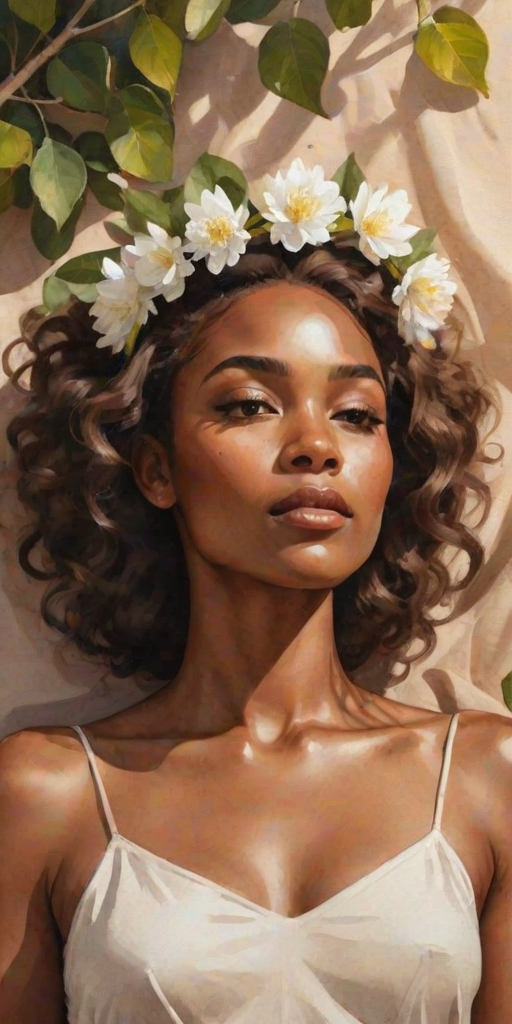 create a watercolor painting of an ethereal portrait of beautiful African American woman with a simple white flower crown on her head. Her hair is long and she is lying on the ground. The sunlight on the trees casts shadows from the leaves on her face and body. The background is a neutral brown color that matches her skin tone. The image is minimalist and solid colors. This style is characterized by soft, delicate brushstrokes and a light, airy, contrasting color palette. High level of detail and play of light
