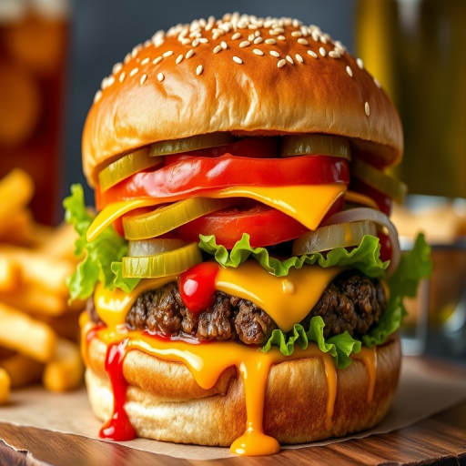 High-resolution, close-up image of a gourmet double cheeseburger. The burger features a glossy, sesame-seed-topped brioche bun. Inside, there are two thick, juicy beef patties, each topped with melted cheddar cheese. The burger is garnished with fresh lettuce, tomato slices, diced onions, and pickles. A generous amount of ketchup and a creamy, orange-colored sauce is dripping down the sides, adding to the mouth-watering appeal. In the background, there are blurred elements including a side of golden French fries and a hint of a beverage, enhancing the overall presentation of a delicious meal.