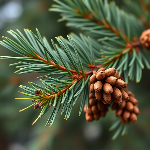 Generate a detailed digital illustration of a pine branch with cones, using a Canon EOS R5 camera with a 50mm f/1.2 lens, aperture set at f/2.8, ISO 100, and a shallow depth of field to enhance the image quality and focus on the textures of the needles and cones, presented in a natural light setting.