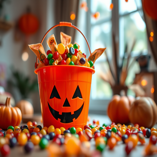 generate an image of a vibrant orange Halloween bucket filled with colorful candies in a festive setting, shot with a Canon EOS R5, 50mm lens, f/1.8 aperture, ISO 100, natural lighting from a soft window glow, shallow depth of field for a dreamy background.