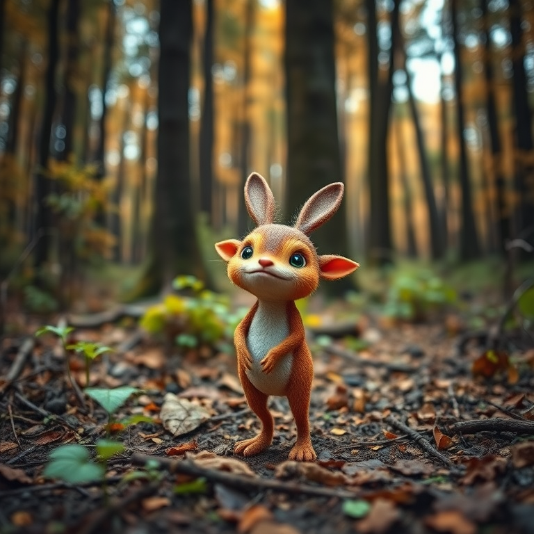 Generate a high-resolution image of a whimsical creature standing in a forest, using a DSLR camera with a 50mm lens, f/1.8 aperture, ISO 200, and a wide-angle view to capture the vibrant details of the environment.