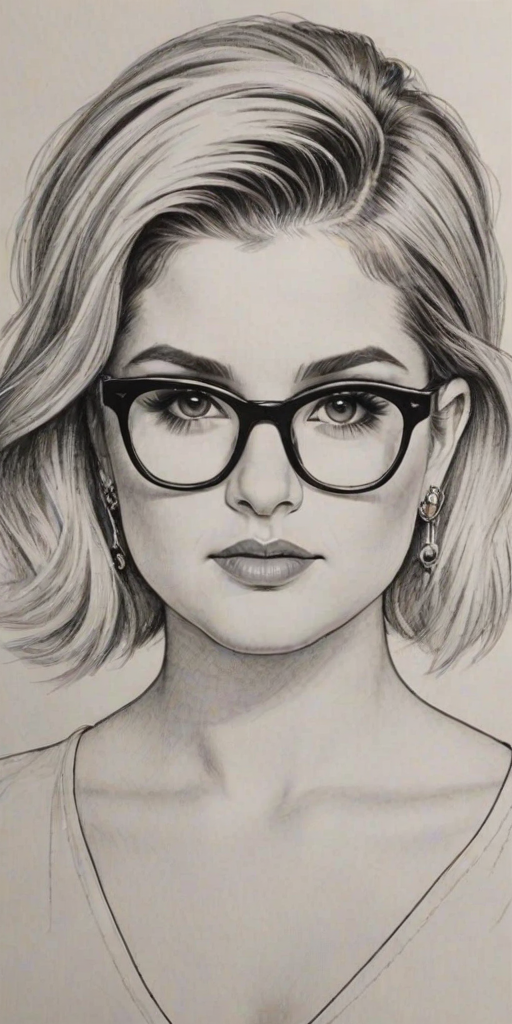 Captivating Kelly Osbourne, pencil sketch, portrait of Splendid woman 1931s in glasses, hair style beatnik, outline, clear lines, fine lines, 8k