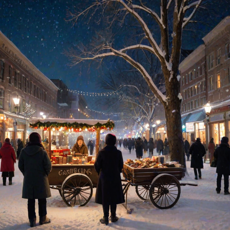 Snow-covered city square at night, holiday lights twinkling in the trees, a woman in a scarf and mittens stands by a vendor's cart, holding a steaming cup of hot chocolate as the soft sound of carolers fills the air.
