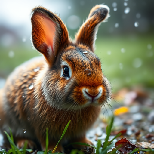 cute wet rabbit in the rain, macro view, f/2.8 aperture, 50mm lens, ISO 200, natural lighting, high dynamic range for vibrant colors, shallow depth of field for focus on the rabbit.