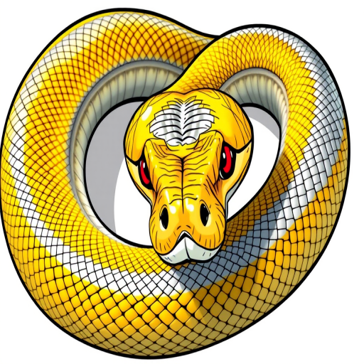 Create a vibrant, stylized illustration of a coiled snake with yellow and silver scales, featuring sharp red eyes, set against a clean white background, captured in high resolution with a DSLR camera at f/2.8 aperture, 50mm lens, using a macro perspective to enhance details and contrast.
