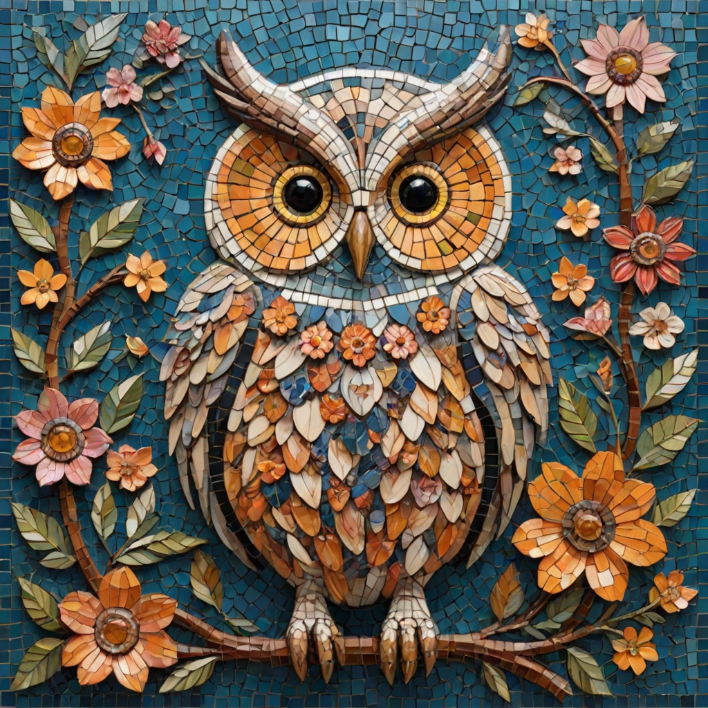 A mosaic of floral owls, one owl intricately composed of individual flower blossoms. The design showcases a delicate balance of nature and form, where the feathers of the owls are replaced by vibrant petals and blooms. The overall appearance is whimsical yet detailed, with each floral element contributing to the intricate patterns of the owl’s body. The artwork embraces a raw, organic style, with natural hues and soft textures, creating a harmonious blend of flora and fauna. The mosaic arrangement adds depth and visual intrigue to the piece, evoking a sense of wonder and artistic beauty.