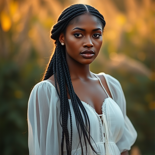 portrait of a woman with long braided hair wearing a delicate white dress, warm natural lighting, soft focus, 85mm lens, f/1.8 aperture, ISO 100, shallow depth of field, captured with a full-frame DSLR camera