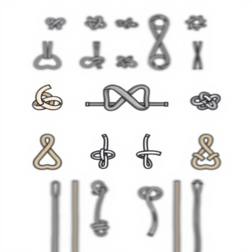 Create a high-resolution illustration of various knot types arranged in a grid format, using a DSLR camera with a 50mm lens at f/1.8, ISO 100, and a shallow depth of field to create a soft background blur, showcasing clear lines and high contrast against a white background.