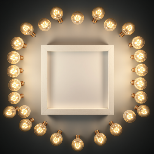 Create a high-resolution image of a square white frame surrounded by bright round bulbs with a soft-focus background, captured with a DSLR camera at f/2.8, ISO 100, 50mm lens, top-down view, in soft natural light.