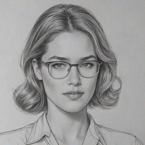 Superb Cody Horn, pencil sketch, portrait of Beauteous woman 1948s in glasses, hair style beatnik, outline, clear lines, fine lines, 8k
