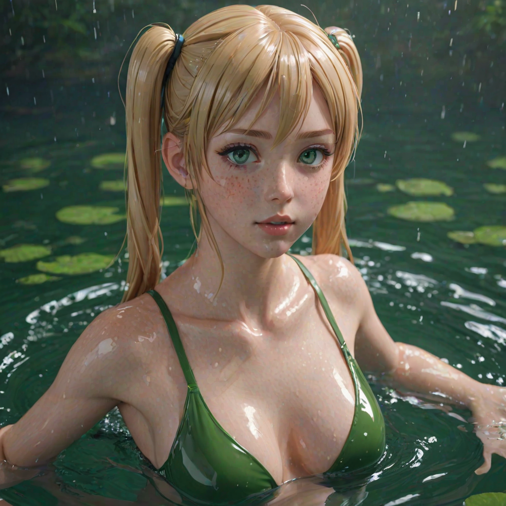 i want the whole image to be created in 3D anime style, 1girl, solo, long hair, breasts, looking at viewer, blush, bangs, blonde hair, twintails, medium breasts, green eyes, upper body, shiny, water, lips, wet, bodysuit, skin tight, partially submerged, freckles, takamaki anne