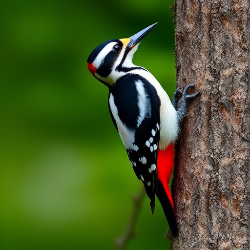 Create an image of a great spotted woodpecker perched on a tree trunk, displaying vibrant black and white plumage with a touch of red on its underside and a blurred green background.