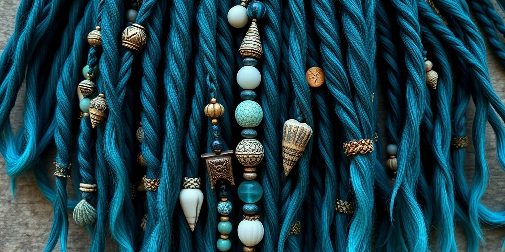 Mystical deep teal dreadlocks titled "Oceanic Tendrils" adorned with sea-inspired beads and shells, featuring an ombré effect fading into aquamarine tips