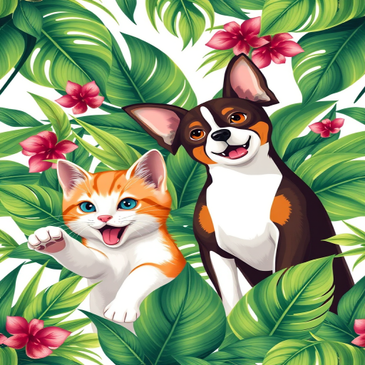 Create a seamless pattern of a playful cat and a friendly dog surrounded by lush green tropical leaves, using a high-resolution digital illustration style, shot with a DSLR camera at f/8 aperture, 50mm lens, natural light to enhance detail and vibrancy.