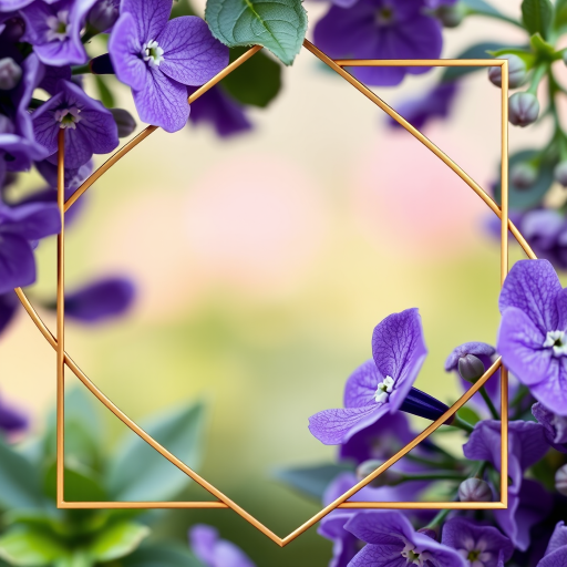Create a high-resolution floral frame featuring purple flowers and a gold geometric border, shot in macro view with a DSLR camera, aperture f/2.8, ISO 100, using soft natural lighting to enhance color vibrancy and detail.