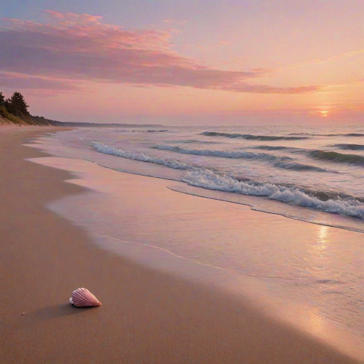 Sharp, high-resolution image of a deserted beach at dawn, soft pink and orange hues painting the sky, gentle waves lapping at the shore, a lone seashell resting on the sand, distant seagulls flying overhead, the peaceful stillness of the early morning captured.