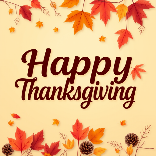 Create a warm and festive autumn-themed image with a gradient background of orange and yellow hues. Include a variety of falling leaves in shades of red, orange, and brown. In the center, display the text "Happy Thanksgiving" in a stylish and inviting font, using a dark brown color for contrast. Add subtle decorative elements like pine cones and additional leaves for a cozy, seasonal feel.