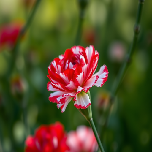 Regenerate the image of a red and white carnation flower in sharp focus with a blurred green background, using a DSLR camera at f/2.8 aperture, 1/200 second shutter speed, ISO 100, 50mm lens, and natural lighting for enhanced detail.