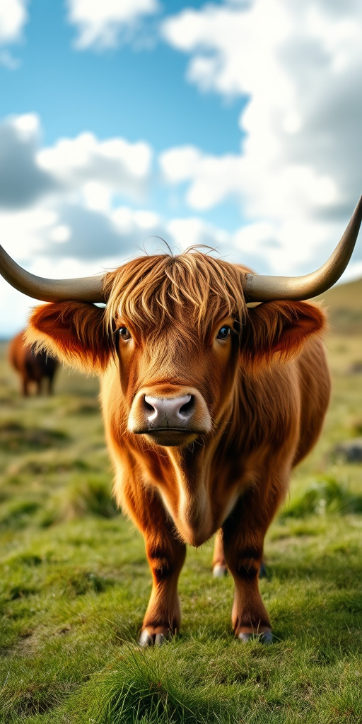 Highland cow with long horns standing in a grassy field under a partly cloudy sky, shot with a Canon EOS R5, 50mm lens, aperture f/4, ISO 100, 1/200 sec, vibrant colors, shallow depth of field.