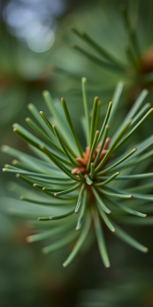 close-up of pine needles with a soft bokeh background, f/2.8 aperture, 50mm lens, ISO 100, natural lighting, DSLR camera, macro photography style