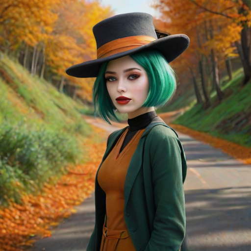 digital art fantasy depicting a strange girl with green hair, long eyelashes, orange lipstick and a tall hat walking along a winding road on an autumn afternoon, an Eel smiles as she passes