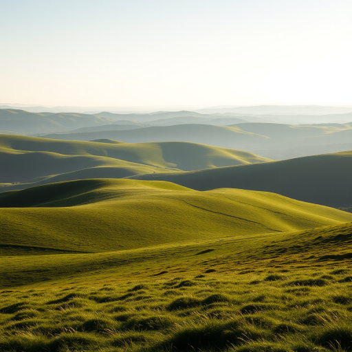 scenic landscape of rolling green hills under soft morning light, captured with a DSLR camera, 35mm lens, aperture f/8, ISO 100, 1/200 sec shutter speed, panoramic view with a slight tilt for depth
