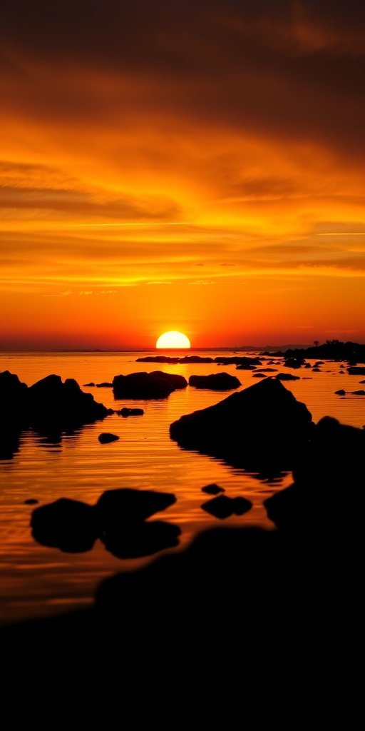 sunset over calm water with silhouetted rocks in the foreground, vibrant orange and yellow hues in the sky, taken with a DSLR camera at f/8, ISO 100, 1/200 sec, using a wide-angle lens from a low angle perspective to capture the reflection on the water.