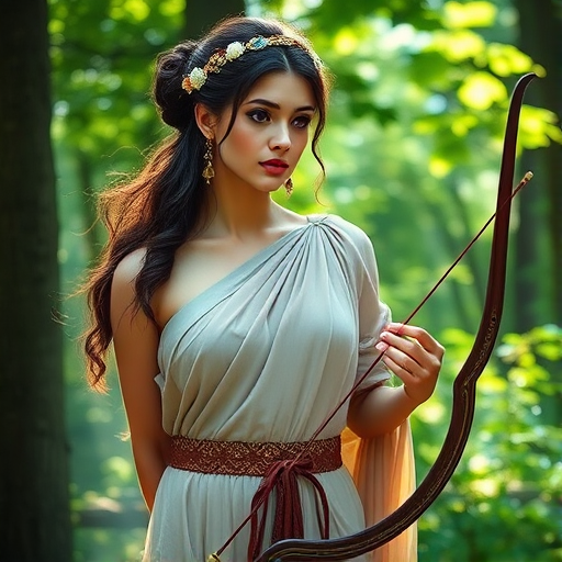 Create a portrait of a goddess-like Persian girl figure in a tranquil, forested environment. She has an elegant appearance with long, wavy hair styled in an updo and adorned with a delicate, floral headband. She wears a flowing, ancient Greek-inspired gown in a soft, pale color, featuring a one-shoulder design and draped fabric that accentuates her graceful form. The outfit includes a decorative belt with ornate gold detailing, and she holds a bow in her hand, with a quiver of arrows slung over her shoulder. The background depicts lush greenery, with sunlight filtering through the trees, casting a gentle, ethereal light on the scene. Her expression is calm and contemplative, embodying a sense of wisdom and serenity.