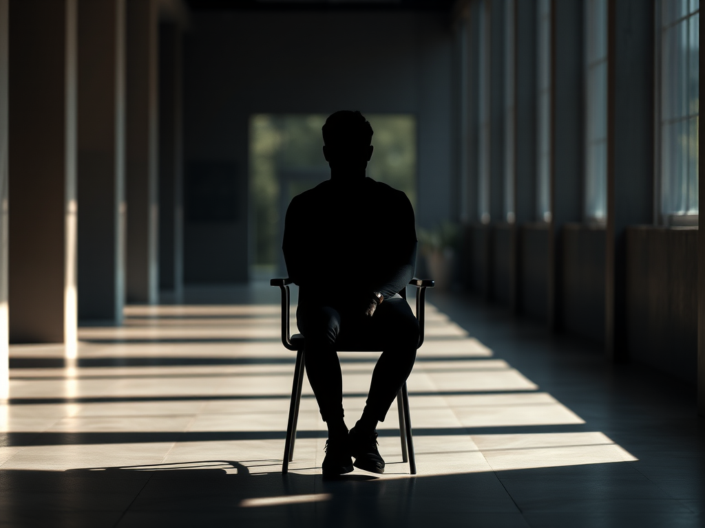 Regenerate a high-resolution image of a black silhouette of a person sitting on a chair, using a Canon EOS R5, 50mm lens, f/1.4 aperture, ISO 100, natural lighting, shot from a front view, focus on the subject with a blurred background for depth.