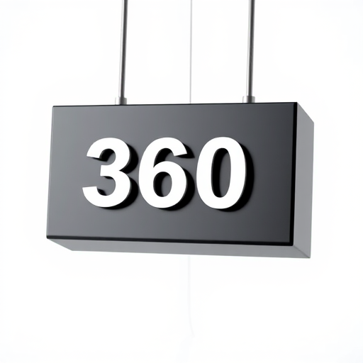 Create a high-resolution 3D render of a sleek, modern black beam with the number "360" embossed on it, using a DSLR camera with a 50mm lens, f/1.8 aperture, ISO 100, 1/125 shutter speed, 45-degree angle view, and soft natural lighting for enhanced detail and shadow contrast.