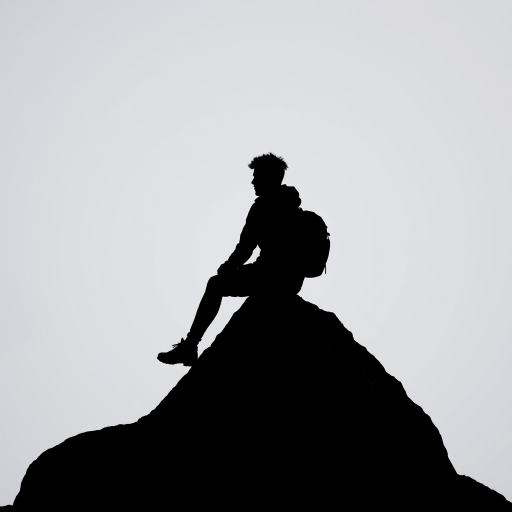 Create a high-resolution image of a stylized black silhouette of a person sitting on a rock with a backpack, against a minimalist background, using a DSLR camera with a 50mm lens, aperture f/1.8, shutter speed 1/200s, ISO 100, shooting in portrait mode for a soft focus effect.