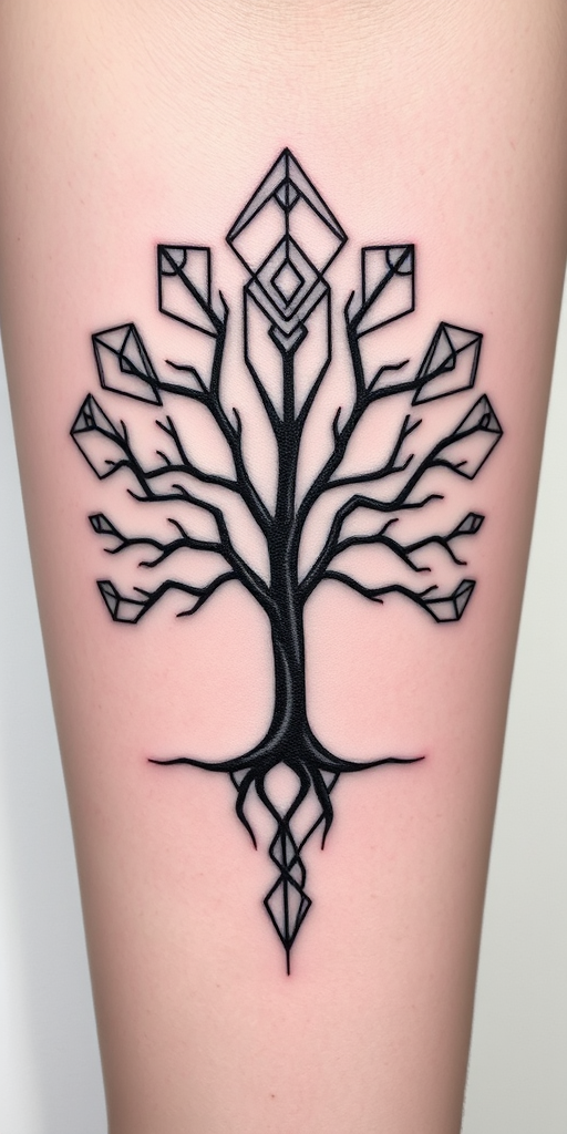 Minimalist blackwork tattoo showcasing a series of interconnected geometric shapes forming a stylized tree of life, with negative space creating intricate branch patterns and subtle shading techniques