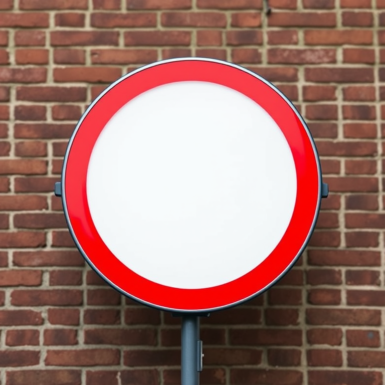Create a high-resolution circular sign with a bright red border and a clean white center using a DSLR camera with a 50mm lens, f/1.8 aperture, ISO 100, and a shallow depth of field for enhanced clarity, shot from a straight-on perspective.