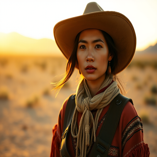 Dramatic photo of a beautiful Hmong woman, classic cowboy attire, confident and free spirit expression, half-length portrait, centered, golden hour desert landscape, warm, diffused light, low angle, medium format film camera, in style of Annie Leibovitz.