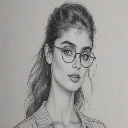 Pleasing Taylor Hill, pencil sketch, portrait of Enticing woman 1978s in glasses, hair style beatnik, outline, clear lines, fine lines, 8k