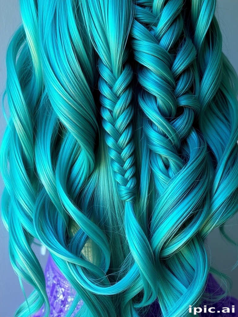 Vibrant teal mermaid waves cascading down to the waist, shimmering with iridescent highlights, known as "Ocean's Whisper" style, featuring intricate braids woven throughout