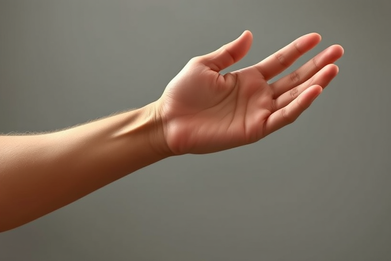 Illustrate a realistic human arm extended with an open hand, use a DSLR camera, 50mm lens, aperture f/2.8, ISO 100, natural lighting, shot from a slightly elevated angle.