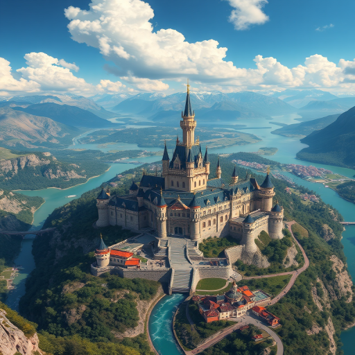 highly detailed illustration of a grand castle city surrounded by mountains and rivers, captured with a Canon EOS R5, 24mm lens, f/8 aperture, ISO 100, 1/200s exposure, aerial view for a majestic perspective, vibrant colors and intricate architecture