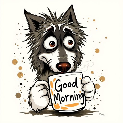 A quirky, artistic illustration of a disheveled collie dog breed with exaggerated, large eyes and spiky fur, holding a coffee mug that reads "Good Morning". The dog has a tired but humorous expression, with ink splatters and abstract details surrounding it, giving a whimsical feel to the image. The color palette is mostly monochrome with hints of brown in the eyes and steam rising from the mug, enhancing the overall sleepy vibe