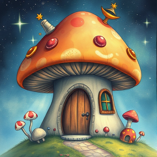 this image is illustration of a mushroom house with a door and a window, a storybook , fantasy art, mushroom house, bg starry sky, sparkles