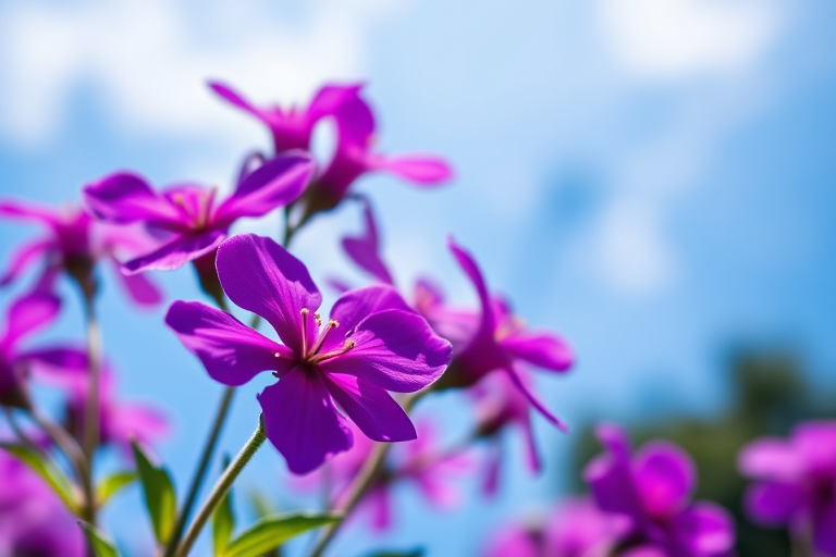 Close-up of vibrant purple flowers against a blue sky, using a DSLR camera with a 50mm lens, aperture f/2.8, ISO 100, and a macro perspective to enhance detail and depth of field.