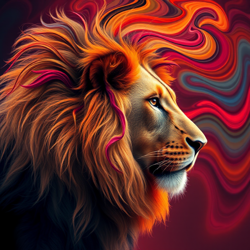Create an abstract image of a lion's profile with vibrant swirling colors and a dynamic flowing mane using a Canon EOS 5D Mark IV, 50mm lens, f/2.8 aperture, 1/100s shutter speed, and ISO 200 for optimal sharpness and clarity.