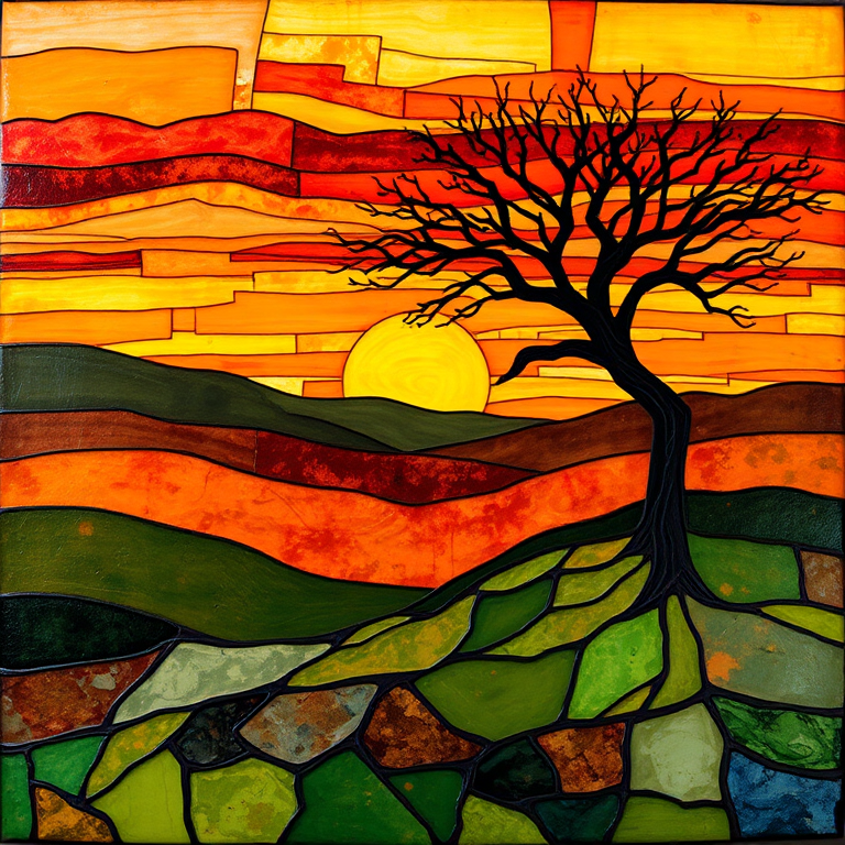 A vibrant abstract painting on Tiffany Glass, blending acrylic and alcohol ink techniques, captures a dramatic sunset over rolling hills. The artwork features a textured, rocky foreground in green and brown, layered abstract hills, and a striking sunset in rich oranges, yellows, and reds. A solitary black tree with intricate branches contrasts against the fiery sky, creating a dynamic and expressive portrayal of a breathtaking natural scene.