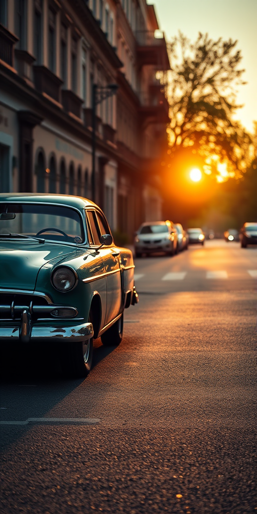 Generate a high-resolution image of a classic car parked on a city street during sunset with soft shadows and warm lighting, using a Canon EOS R5 with a 50mm f/1.8 lens at ISO 100, aperture f/2.8, shutter speed 1/200s, shot from eye level in a cinematic style.